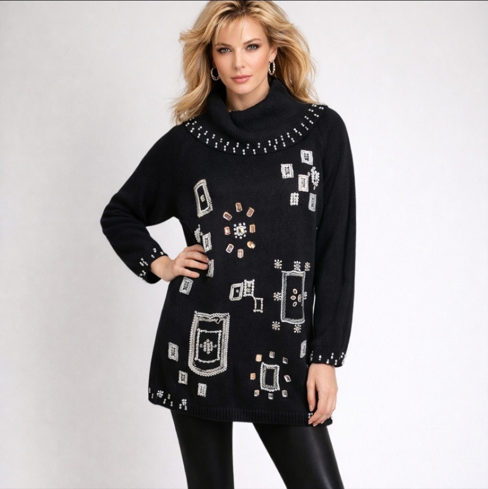 Vtg Ramie Black Embellished Pearls/Crystal Tunic Black Cowl Knit Sweater Sz M